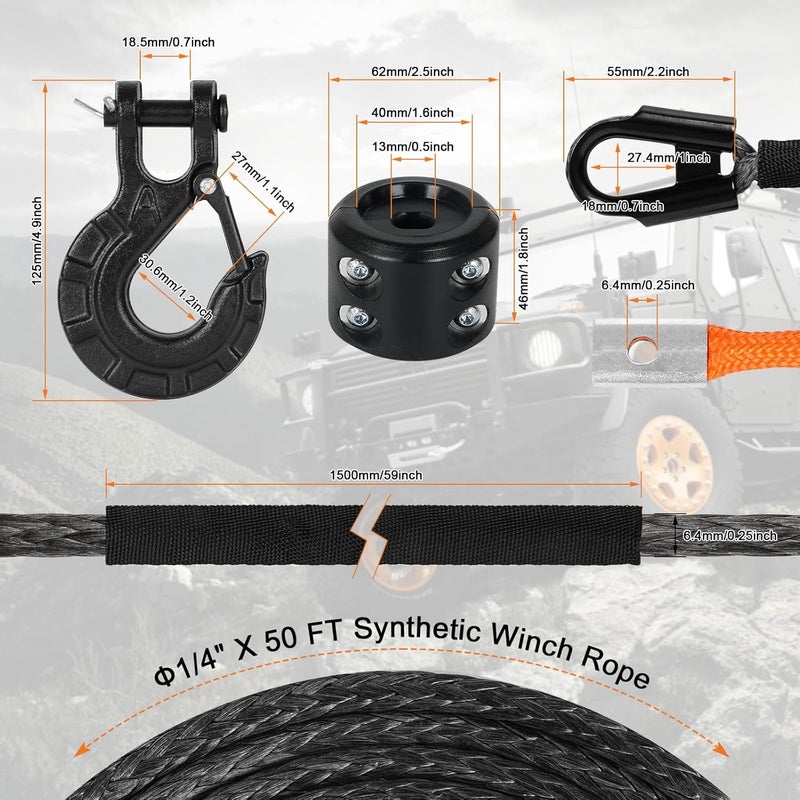 Aomifunny حبل ونش صناعي، 1/4" × 50 قدم 10000 رطل حبل ونش، كابل ونش صناعي مع غلاف واقي + خطاف ونش + حزام سحب أمان لمركبات الطرق الوعرة ATV UTV SUV (أسود) - Image 3